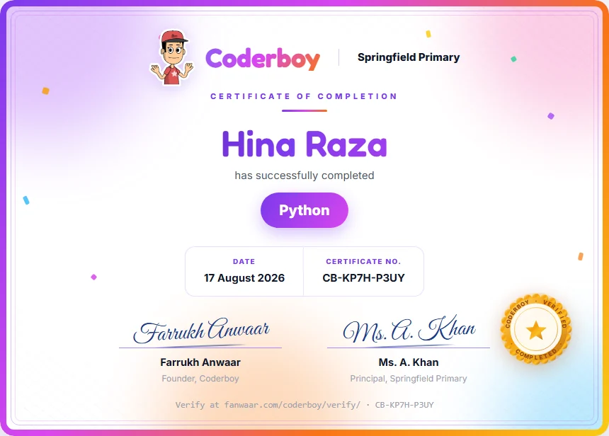 A sample Coderboy Certificate of Completion
