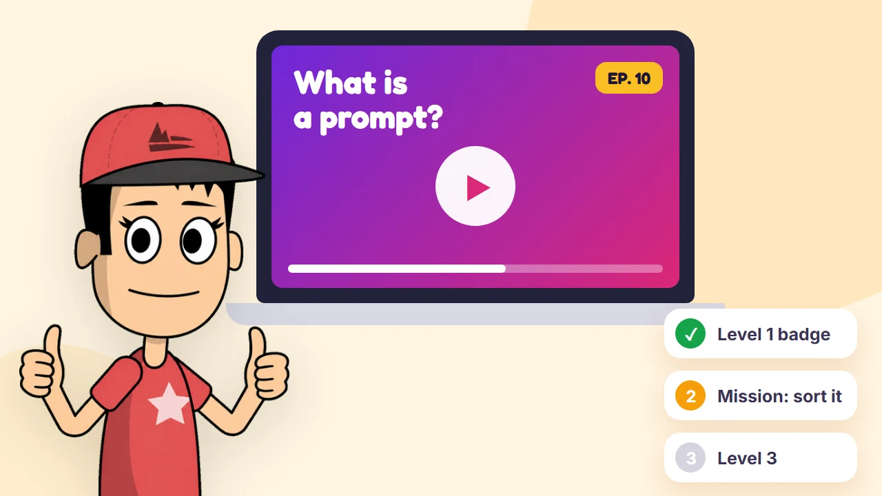 Coderboy giving a thumbs up beside a laptop playing a lesson, with a path of levels and missions