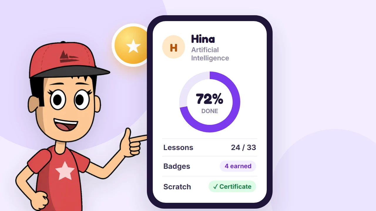 Coderboy pointing at a phone showing one child's lessons, badges and certificate